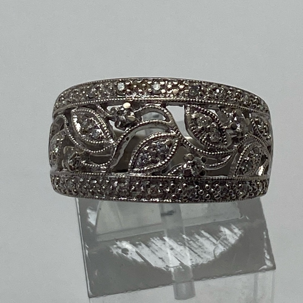Estate 14K White Gold Natural White Diamond Pave Vine Wide Band Ring 0.25ct